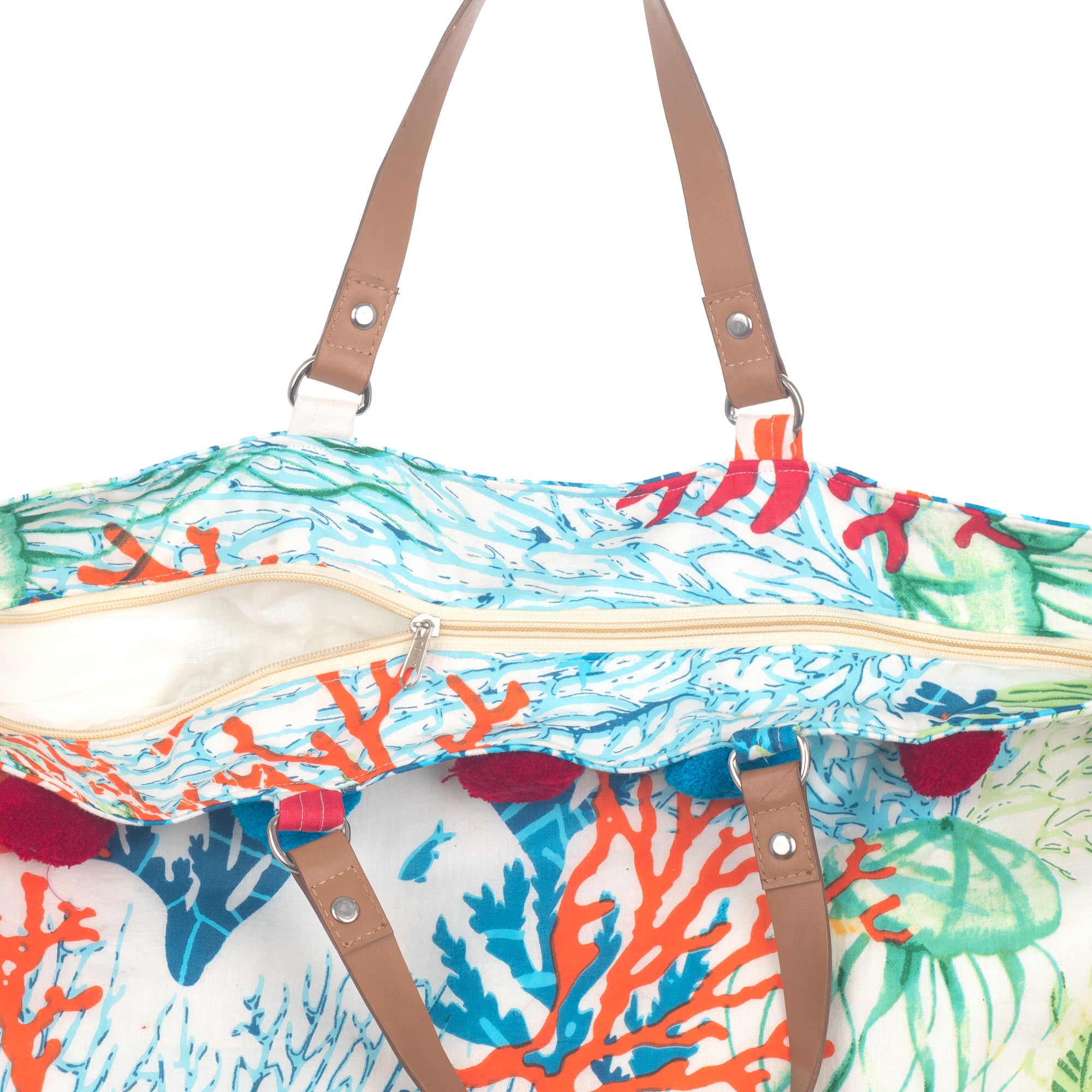 Mala  saco larga  Coral com duas alças imitação pele, estampado da marca Isla Bonita  pormenor