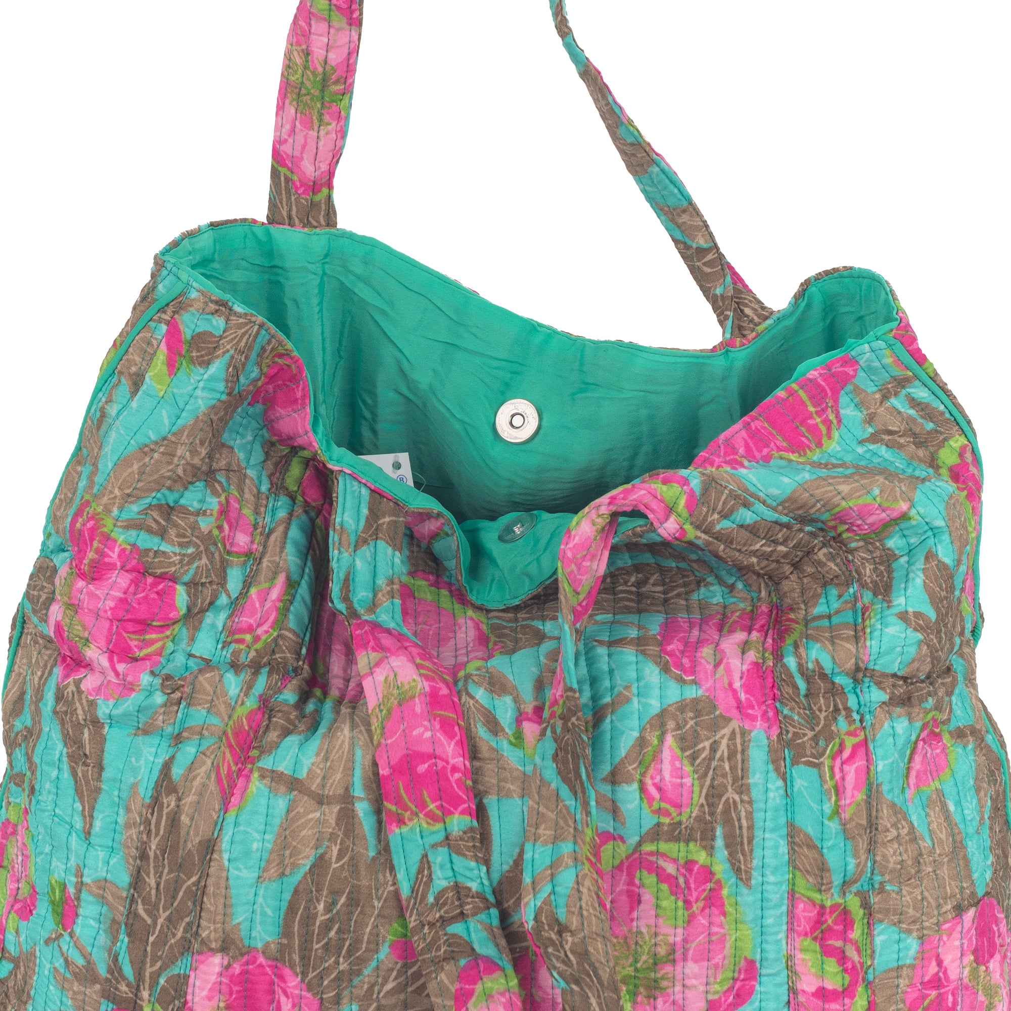 Mala  saco Flowers Groove com duas alças, estampado da marca Isla Bonita pormenor