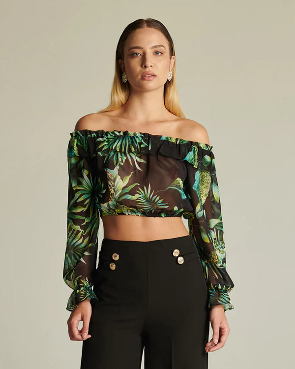Blusa de modelagem soltinha, confeccionada em georgette, caracterizada por babados da marca Valentina Rio