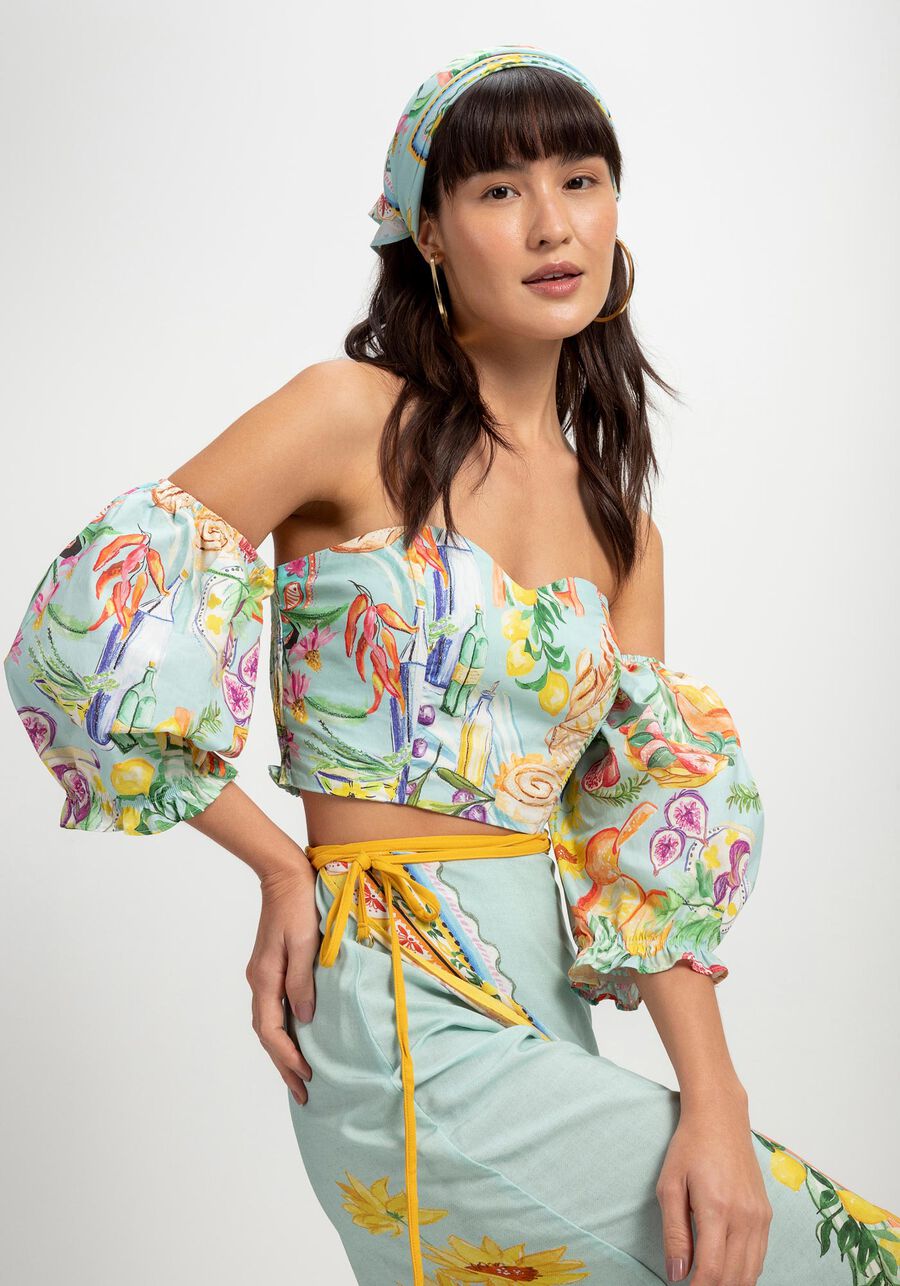 Top cropped em tricoline com estampa exclusiva e modelagem tipo corset que traz um viés romântico aos looks da marca Lez a Lez frente