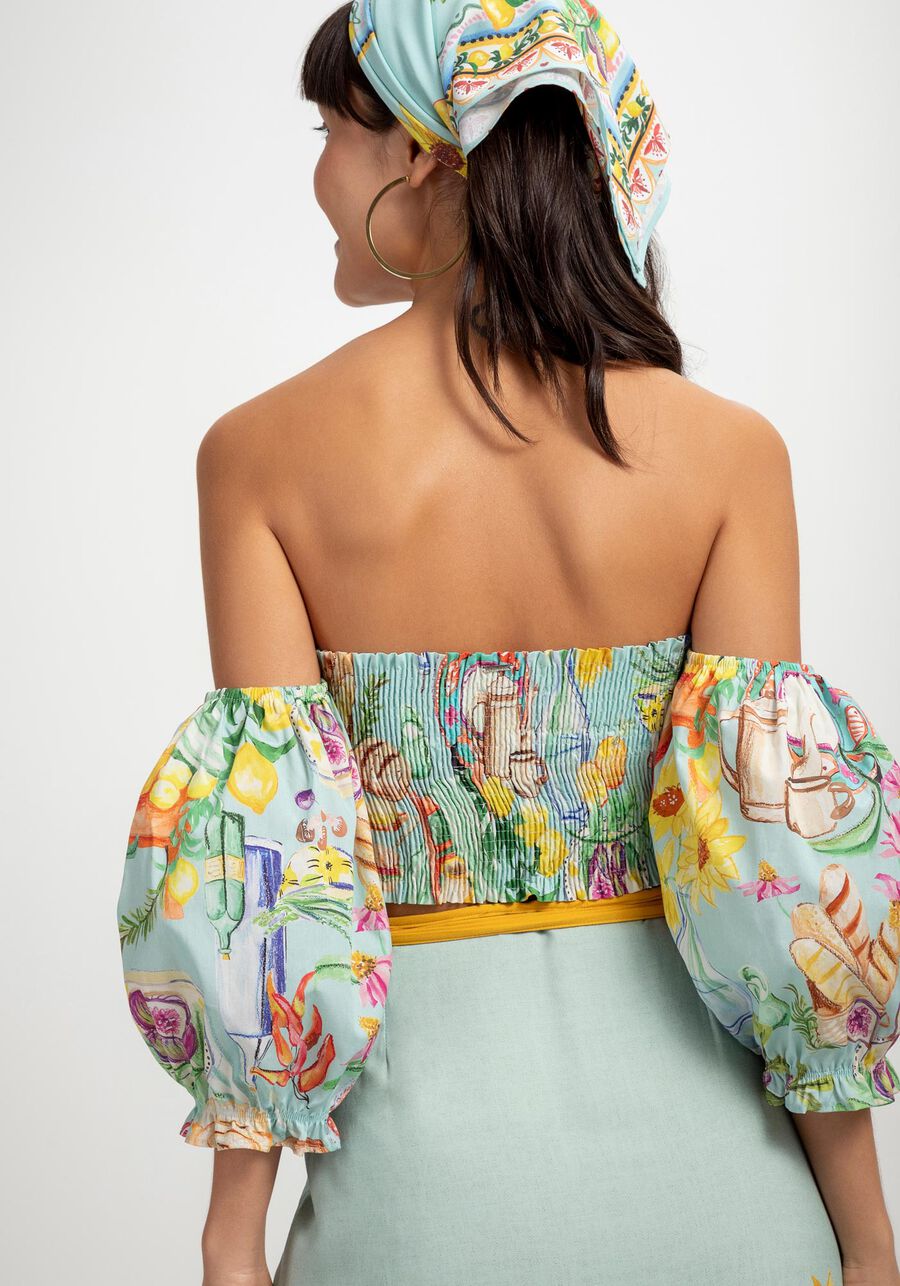 Top cropped em tricoline com estampa exclusiva e modelagem tipo corset que traz um viés romântico aos looks da marca Lez a Lez atrás